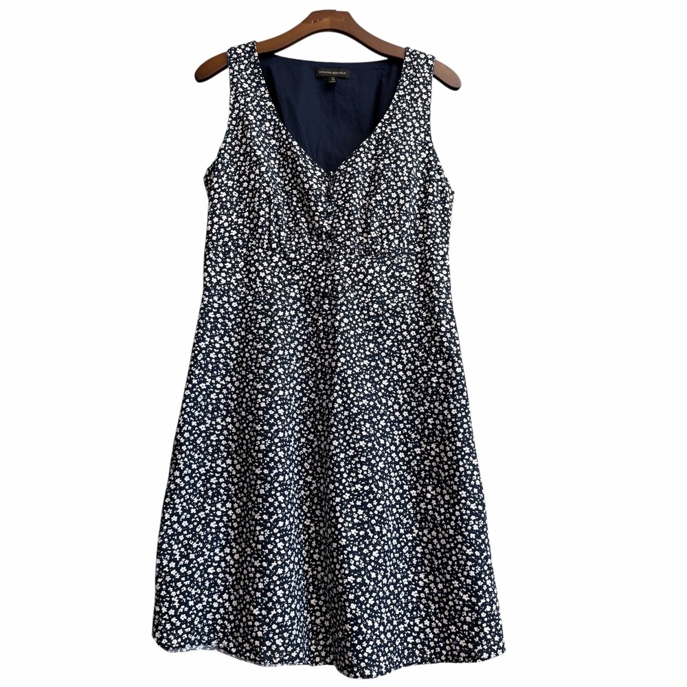 Banana‎ Republic Women Navy Blue Floral Linen Cotton V-Neck Dress Tall 10 #429